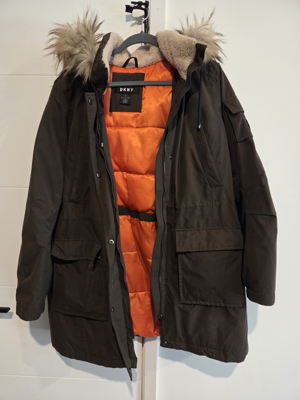 DKNY Olive Green Field Parka with Orange Quilted Lining and Faux Fur Hood